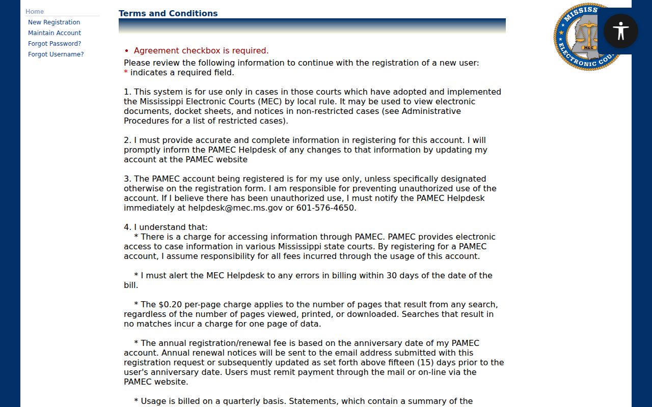 PAMEC remote access terms for Mississippi court records